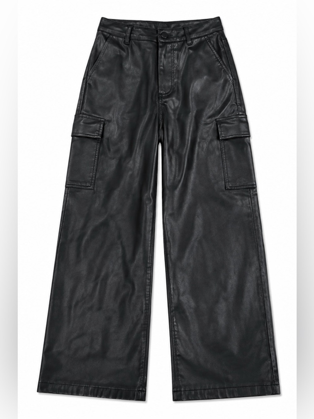 Wide-Leg Black Faux Leather Cargo Pants